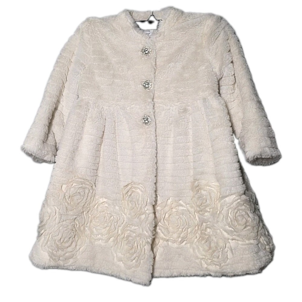 Blueberi Boulevard Cream Faux Fur Coat Size 3T Rosette Jacket Rhinestones Button